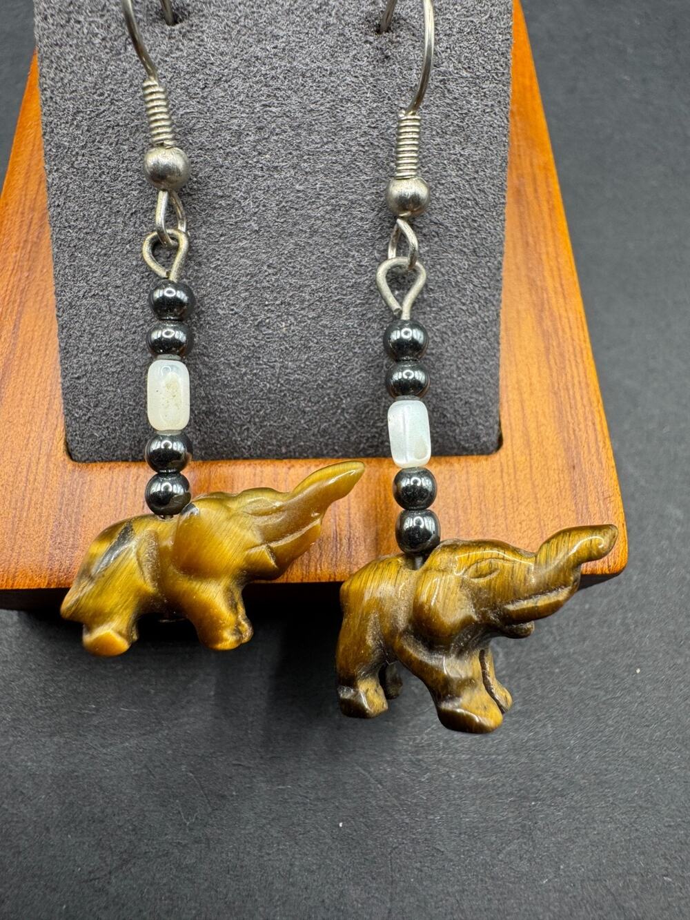 Vintage Artisan Tiger's Eye Carved Elephant Dangling Drop Stud Earrings